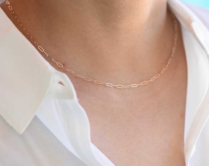 14K Gold Paper Clip Chain Necklace, 14K gold Long Link Chain