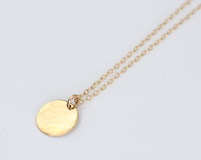 14k Gold Hammered Coin Necklace - Hammered gold disc necklace