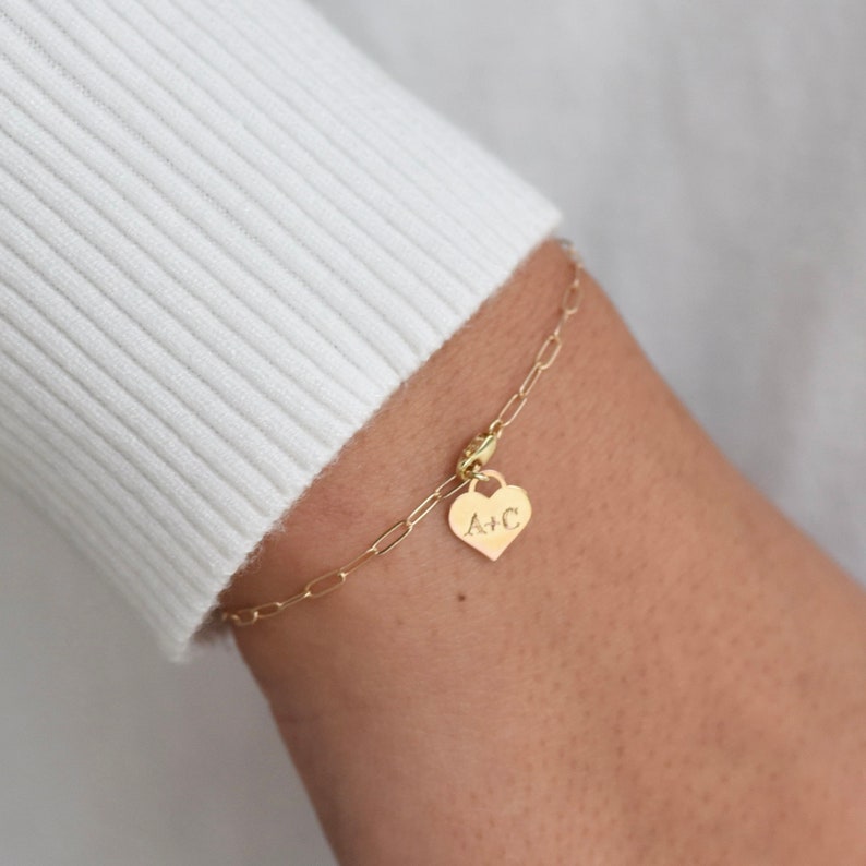 14K Gold Personalized Heart Charm Bracelet Gold Paper Clip Chain Bracelet 14k yellow gold. 14k white gold image 1