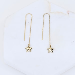 14K Gold Star Christmas Earrings. 14K Gold Tiny Star Threader  Earrings. Perfect for the holiday season.