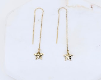 14K Gold Star Christmas Earrings. 14K Gold Tiny Star Threader  Earrings. Perfect for the holiday season.