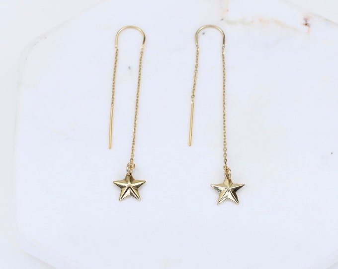 14K Gold Star Christmas Earrings. 14K Gold Tiny Star Threader  Earrings. Perfect for the holiday season.