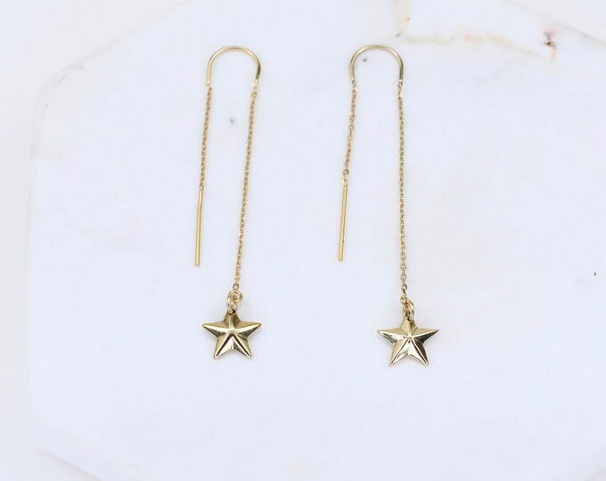 14K Gold Star Christmas Earrings. 14K Gold Tiny Star Threader  Earrings. Perfect for the holiday season.