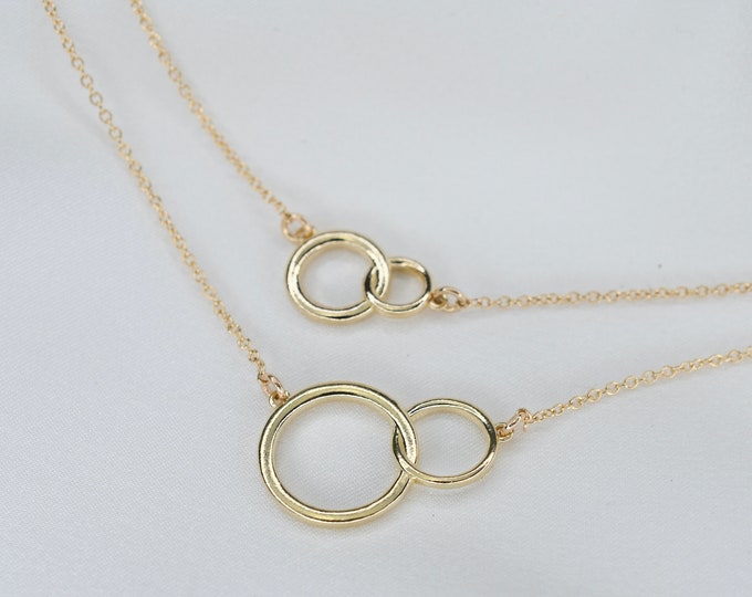 14K Gold Double Circle Linked Mother daughter Necklace - 14k gold Infinity necklace set