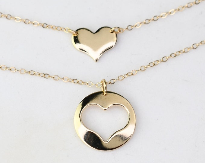 Mother Daughter Gift. Mother daughter 14K gold heart necklace set. Mother Gift.