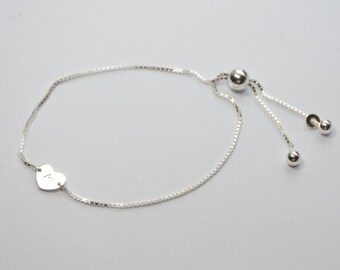 Sterling silver initial bracelet, Sterling silver expandable heart bracelet