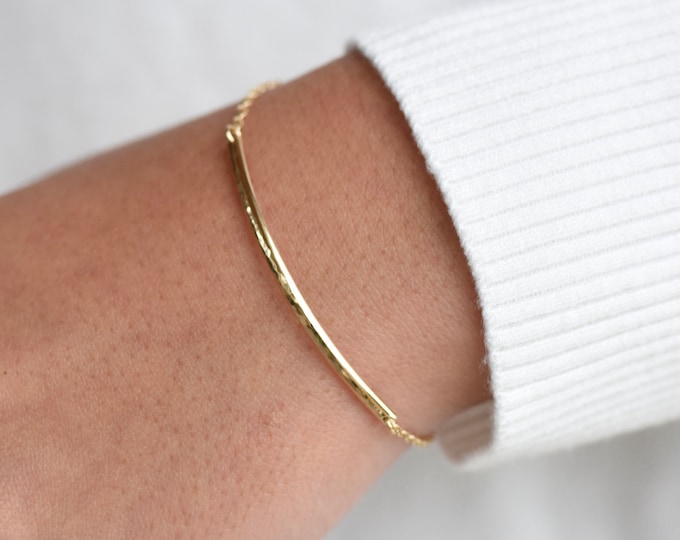 14K Solid Gold Hammered Bar Bracelet - 14k gold hammered half round bar bracelet