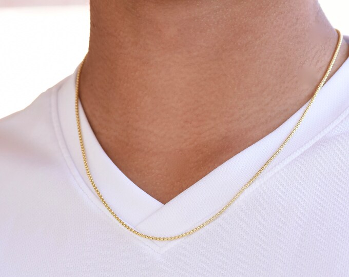 14K Gold Men's Necklace, 14K Gold 1.7mm Rounded Box Chain