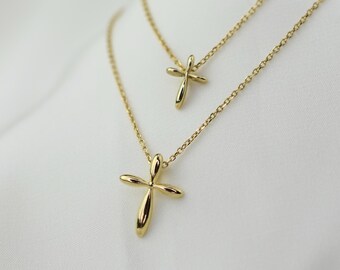 14K Gold Floating Cross Mother Daughter Necklace Set