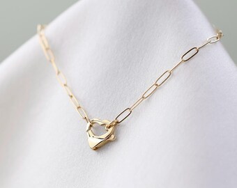 Dainty 14K Yellow Gold Heart Bracelet: Minimalist Paperclip Chain