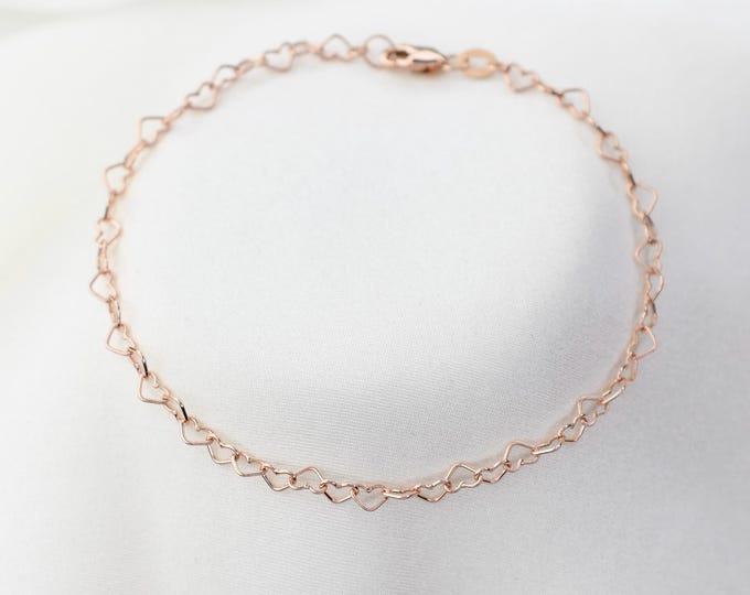 14k Rose Gold Heart Chain Bracelet - 14K rose gold chain bracelet