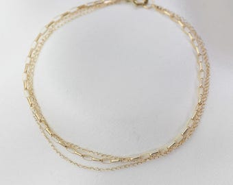 14K Gold Triple Chain Bracelet — Drawn Rolo + Curb Chains