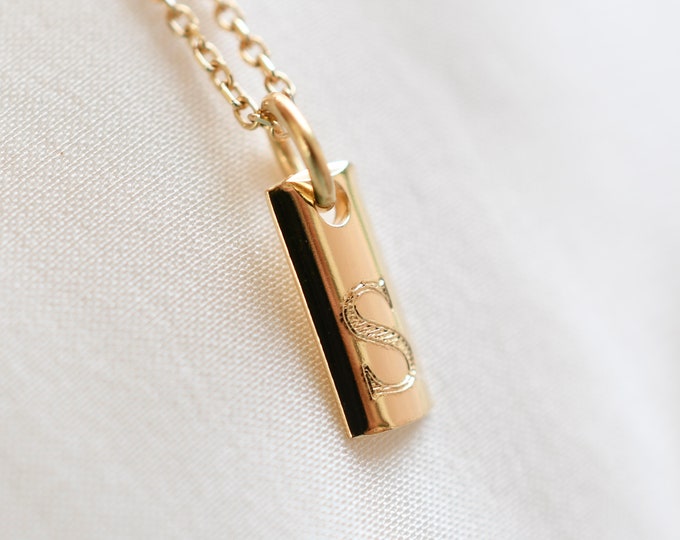 14k Solid Gold Personalized Bar Necklace • Custom Name Date Pendant • Vertical Tag • Anniversary Gift for Wife • Minimalist Jewelry
