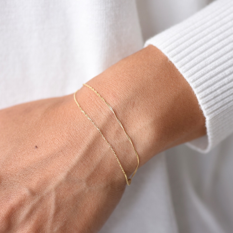 14K Gold Dainty Double Chain Bracelet 14K Solid Gold Bracelet image 6