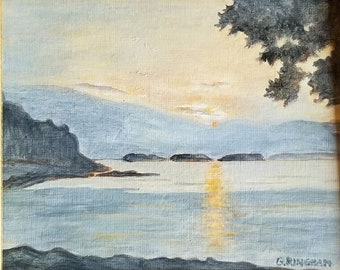 Lake Sunset Painting - 11.5x9.5" Vintage Framed Oil Painting on Canvas Board - Original Signed Art - Beach Cottage Wall Decor