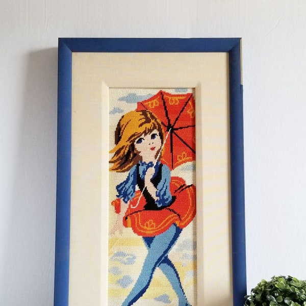 Tightrope Girl with Umbrella Needlepoint Embroidery - 14x27" Vintage Blue Framed Big Eye Art