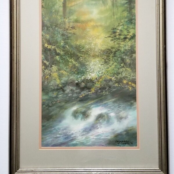 Green Forest River Landscape Painting - 20x28" Vintage Framed Art - Signed Original Watercolor Painting - Leonardo S Lopez