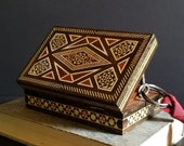 Inlaid Wood Box - Vintage Wood Mosaic Art Box - Wood Inlay Marquetry Cigarette Box - Office Desk Decor - Small Jewelry Box Secret Stash Box