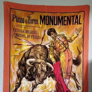Cartel de corrida de toros - Estandarte de tela con estampado de matador de mediados de siglo de 30 x 48 pulgadas con pintura de corrida de toros española - Plaza de toros monumental