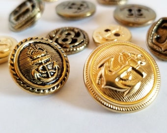 Gold Nautical Buttons - Mixed Lot of 11 Vintage 13 to 19 mm Metal & Plastic Buttons w Anchor Design - Metallic Gold Fashion Trim