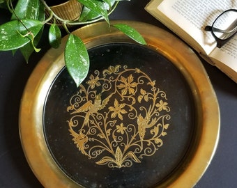 Oneida Brass Tray w Etched Black Enamel Birds & Flowers Design - Vintage 12.25" Round Serving Tray - Gold Art Nouveau Home Decor