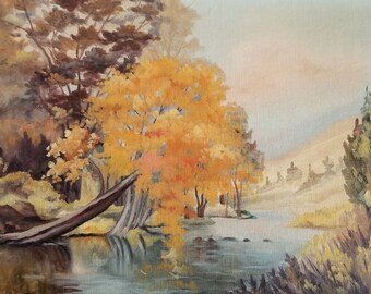 River Landscape Painting w Trees in Fall Color - 16x20" Mid Century Vintage Original Art - Signed Oil Painting