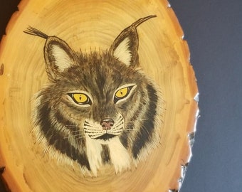 Canada Lynx Acrylic Painting on Oval Wood Slice - 12x18" Vintage Signed Original Art