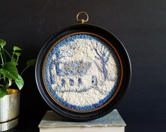 Winter Church Landscape Scene - Vintage 8.9" Round Framed Hooked Rug Embroidery Art - Round Wall Hanging