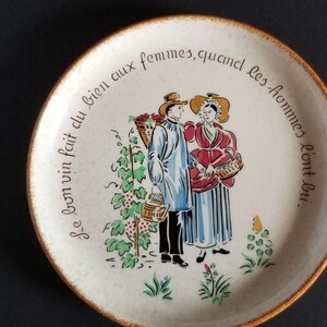 French Ceramic Art Plate w Wine Quote - Vintage Hand Painted VSK USC Swiss Pottery