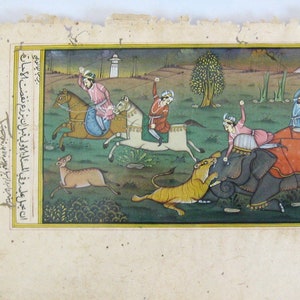 The Tiger Hunters - Miniature Mughal India Landscape Painting on Antique Manuscript Paper - Vintage Framed Indian Folk Art Painting