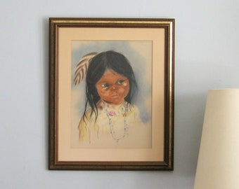 Native American Girl Pastel Portrait Drawing - 18x22" Vintage Framed 1970s Indigenous Art