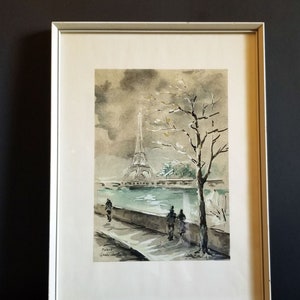 Paris Cityscape - 14x20" Vintage Framed Lithograph Art Print of Watercolor Painting - Quai de Passy Paris Street Scene