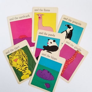 Ensemble de 7 cartes flash colorées avec des animaux de zoo - cartes vintage MoMA Museum of Modern Art - impressions d'animaux pop art - papier éphémère