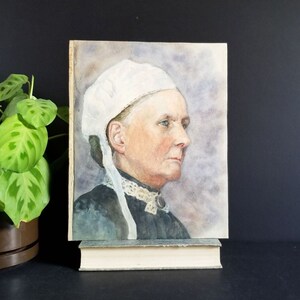 Vintage watercolour painting; Portrait of a Woman in White Linen Cap and lace collar. 8.6x11" Painting on paper. European Female Portrait Art