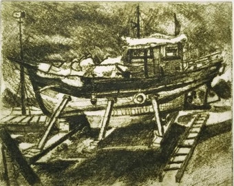 Dry Boat Scene - Vintage Green Aquatint Etching Print - 10x8" Fishing Boat Art Print - Signed JV Phillips