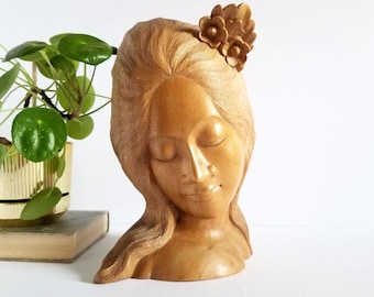 Carved Wood Bust of a Woman w Flower Headpiece - Vintage Asian Folk Art Head Sculpture