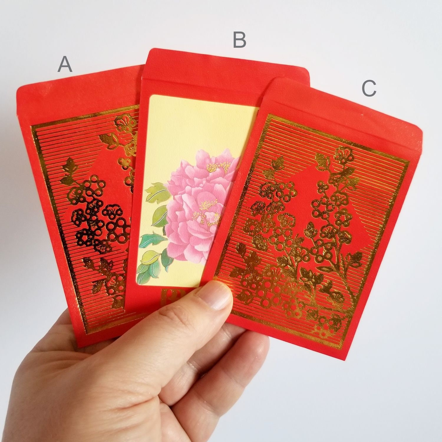 Gold Plum Blossoms Chinese New Year Red Envelopes, Pack of 16