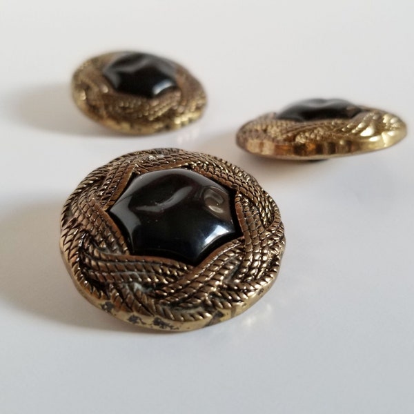 Set of 3 Gold Braid Buttons w Black Dome Centres - Vintage 34mm Old Gold Tone Plastic Shank Buttons - Couture Fashion Trim