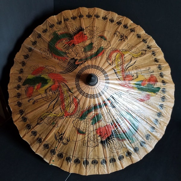 Chinese Rice Paper Parasol w Dragons & Phoenix Birds - 24.75" Long Vintage Wood and Bamboo Handle Umbrella