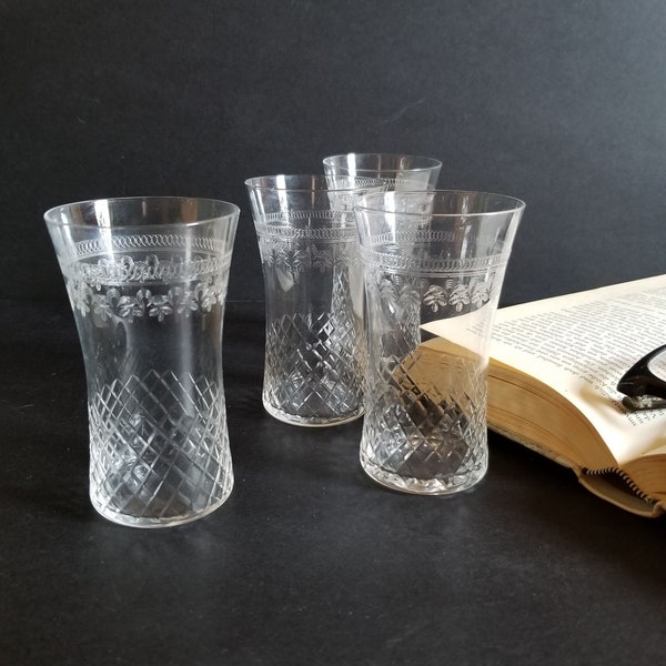Antique Set of 4 Juice Glasses - Vintage 5 oz Etched & Cut Glass Tumblers - Pall Mall Lady Hamilton - Edwardian Decor