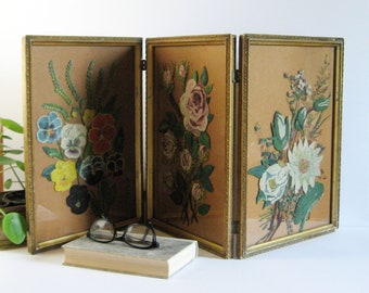 Folding Screen Art w 3 Flower Bouquet Paintings on Glass - Vintage Gold Framed Triptych