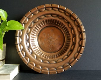Embossed Copper Bowl - 11.75" Round Vintage Wall Hanging - Geometric Design