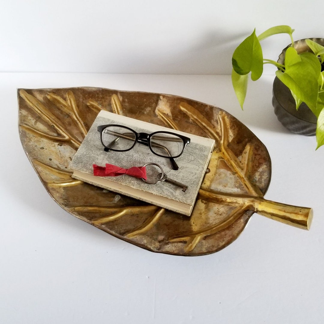 Large Silver Plated Leaf Tray W Brass Stem Handle Vintage Etsy