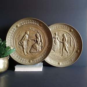 Pair of Embossed Brass Courting Scenes - Vintage Brass Wall Hangings - 14&quot; Round Plaques - Made in England