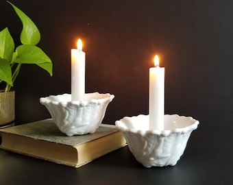 Pair of Indiana Glass Candle Holder Bowls w Flower & Leaf Design - Vintage White Milk Glass Candlestick Set w Footed Base