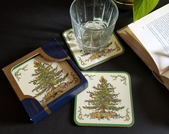 Boxed Set of Pimpernel Coasters W Spode Christmas Tree Print