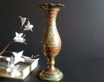 Footed Brass Flower Vase w Enamel Floral Design - Vintage 10" Tall Vase