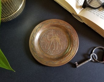 Brass Coaster w Desert Camel Scene - Vintage Etched Brass Barware - Copper Home Decor - Trinket Dish - Boho Travel Decor