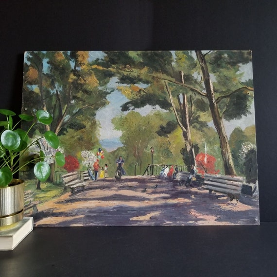 Park Promenade Landscape Painting 18x24 Vintage Acrylic Painting