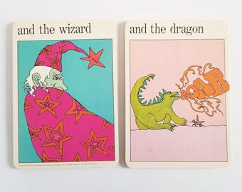 Wizard and Dragon - Vintage MoMA Fantasy Art Cards - Colorful Childrens Room Decor